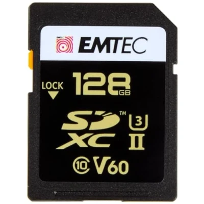 Afbeelding van EMTEC SDXC kaart UHS II U3 V60 SpeedIN Pro+ ECMSD128GUHS2V60 Geheugenkaart Foto&#039;s in Burst, Full HD, 3D, 4K, 8K UHD Opslagcapaciteit 128GB, 128GB 2 rijen pinnen op de achterkant Zwart/Goud