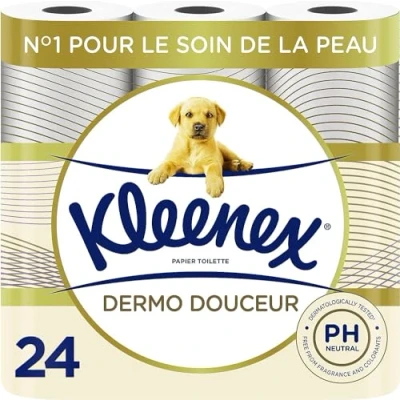 Image de KLEENEX Dermo Douceur Papier Toilette (4 paquets de 6 rouleaux) triple épaisseur 100% fibres naturelles sans parfum ni colorant