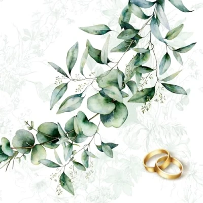 Afbeelding van ti flair 20 stuks servetten met gouden ringen op groene bladeren eucalyptus bruiloft tafeldecoratie decoupage servettechniek 33 x cm