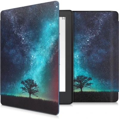 Afbeelding van kwmobile E reader hoesje geschikt voor Kobo Aura H2O Edition 2 hoes flip case met magnetische sluiting Ereader cover Sterrenstelsel en Boom design in blauw / grijs zwart