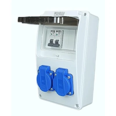 Afbeelding van RoadEu stroomverdeler 230 V 2 stopcontacten met schakelaar Stopcontactverdeler stroomonderbrekers C 16A Bedraad, binnen en buiten bouwplaats IP54