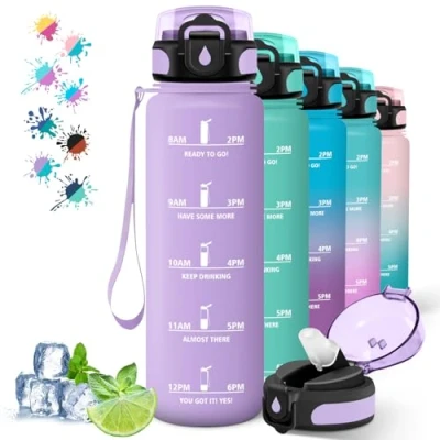 Image de Bouteille d&#039;eau de sport réutilisable avec paille, facile à nettoyer, pour le cyclisme, la randonnée, course pied, 1 litre Violet