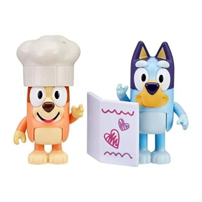 Afbeelding van Bluey and Bingo Fancy Restaurant Set van 2 actiefiguren 6,3 cm met speelgoedmenu en chef kokhoed