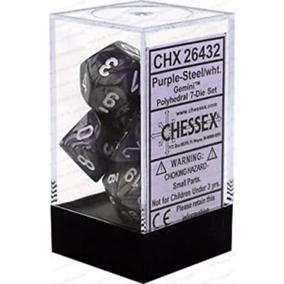 Afbeelding van Chessex Gemini Paars Steel/Wit Polydice Dobbelsteen Set (7 stuks)