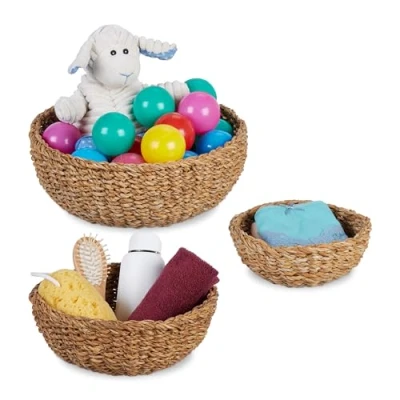 Afbeelding van Relaxdays opbergmand set van 3 ronde zeegras mand badkamermand wc speelgoedmand