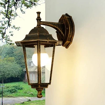 Afbeelding van Licht Erlebnisse Buitenwandlamp van glas en aluminium, antiek koper, IP44 voor voordeur terras, breedte 17 cm, E27, rustieke lantaarn, nostalgische buitenverlichting PARIJS