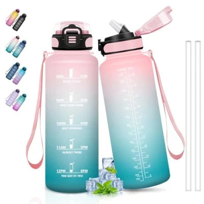 Afbeelding van bouteille d&#039;eau de 1,5 litre avec paille sans fuite, sport échelle temps, raison, facile à transporter, sport, fitness, randonnée, camping