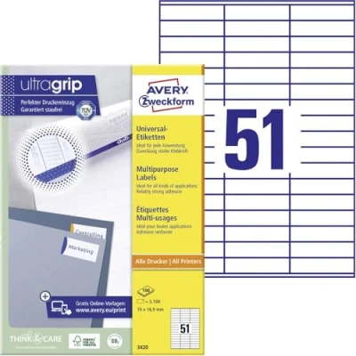 Afbeelding van Avery Zweckform 3420, Universele Etiketten, Ultragrip, Wit, 100 Vel, 51 Per 70 X 16,9 Mm Etiket
