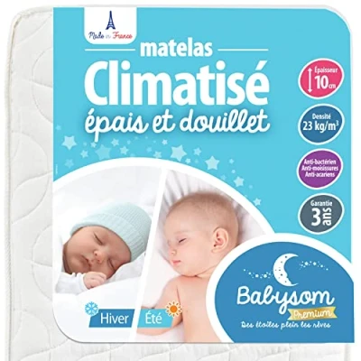Afbeelding van Babysom Babymatras met airconditioning 60 x 120 cm Omkeerbaar: 1 kant Koel Zomer en Zijde Winter Gewatteerd Anti mijt Dikte 10 Oeko Tex® Gemaakt in Frankrijk