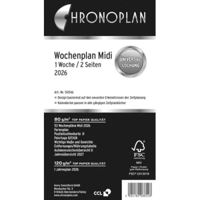 Afbeelding van Chronoplan 50546 Kalender navulverpakking 2026 (weekplanner Midi (96 x 172 mm) voor gedetailleerde weekplanner, 1 week op 2 kolompagina&#039;s, met universele perforatie, wit