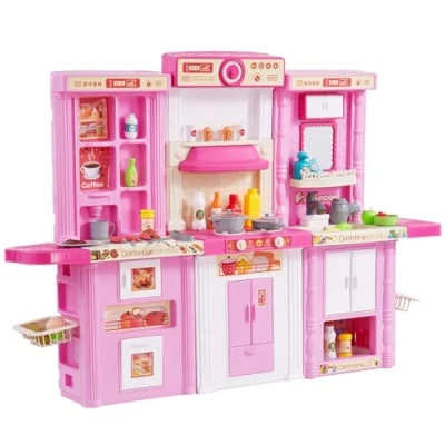 Afbeelding van VEVOR 128 x 29 90 cm Kinderkeukenspeelset, 3 in 1 Modulair Design, ABS materiaal, CPC Veiligheidstests, Voor Kinderen Vanaf Jaar, 74 Accessoires, Roze