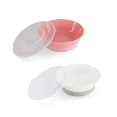 Afbeelding van Twistshake 2 x babyschaal met luchtdicht deksel, BPA vrij, voedingsleerbord voor kinderen, mueslikom, wit/roze