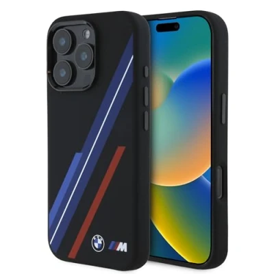 Afbeelding van CG MOBILE BMW HC M telefoonhoesje ontworpen voor iPhone 16 Pro, duurzaam, schokbestendig, compatibel met MagSafe, siliconen hoes, willekeurige lijnen, zwart