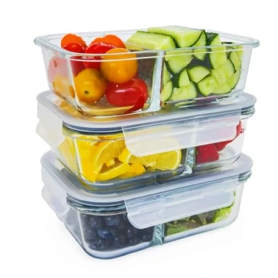 Afbeelding van Eaze Life Meal Prep Box Set van 3 glazen voorraaddozen met deksel, 2 vakken luchtdichte scheidingswand, BPA vrij, hittebestendig, magnetron en vriezerbestendig,
