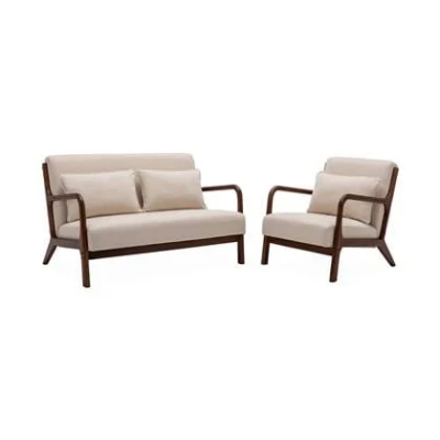 Afbeelding van sweeek 2 zitsbank + beige stoffen fauteuil, licht walnoot gebeitst heveahout