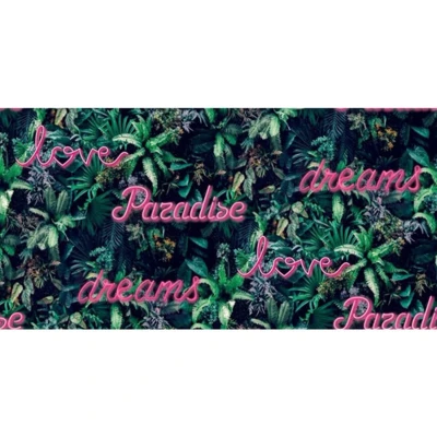 Afbeelding van Good Vibes Behang Neon letter with plants groen en roze