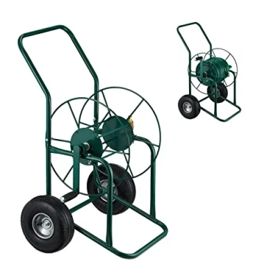 Afbeelding van Relaxdays slangenwagen zonder slang metaal tuinslanghouder tuinslanghaspel groen