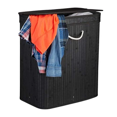 Afbeelding van relaxdays bamboe wasmand met deksel 2 vakken 70 L zwart