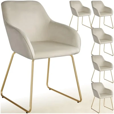 Afbeelding van tectake® Eetkamerstoel Jeane Set van 6 Eetkamerstoelen met doorlopende rugleuning en armleuning Kuipstoelen fluwelen bekleding Stijlvolle keukenstoelen voor eetkamer of woonkamer Slipvrije vloerbeschermende voetjes Crème/goud