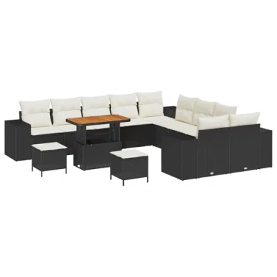 Afbeelding van vidaXL 13 delig Tuin Sofa Set met Kussens Zwart Poly Rattan Acacia, 3 Eet Acacia