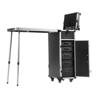 Image de VEVOR Mallette de Maquillage Professionnelle en Aluminium, Établi avec Pieds Support, Trousse Cosmétiques à Roulettes, Grand Chariot d&#039;Organisateur Voyage, Roues Pivotantes 360, Noir