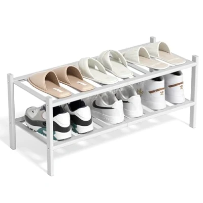 Afbeelding van BAM BOO BOX Bamboe schoenenrek, schoenenrek met 2 niveaus, 68 x 28 32 cm, uittrekbaar, stapelbaar, houten schoenenkast, rek voor woonkamer of hal (wit)