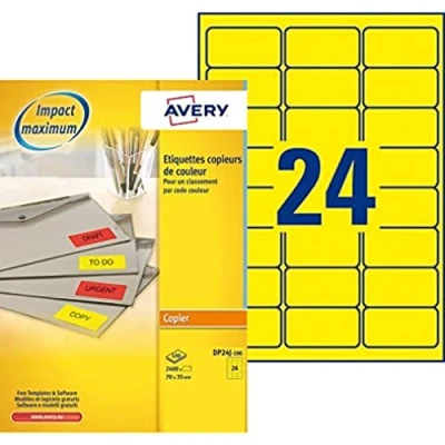 Afbeelding van Kopieeretiket Avery 70x35mm fluorgeel doos 100 vel 24 et.
