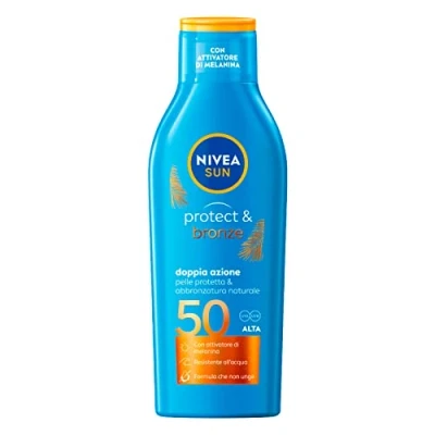 Afbeelding van NIVEA SUN Protect &amp; Bronze FP 50 zonnemelk 200 ml, zonnecrème voor een intense en gelijkmatige goudbruining, zonwering met melanine activator