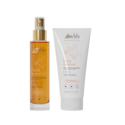 Afbeelding van Daylily Set tegen striae Rituele fondant melk ochtend 200 ml sensorische olie ritueel avond 100 hydrateert en verzorgt de huid veganistisch dierproefvrij gemaakt in