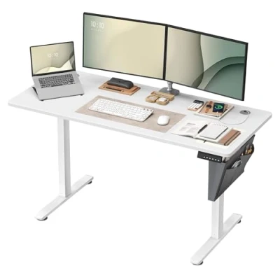 Afbeelding van SONGMICS Elektrisch zit stabureau, in hoogte verstelbaar, 60 x 140 (72 120 cm), 4 geheugenbare hoogtes, opbergtas, voor kantoor, wolkenwit LSD134W01