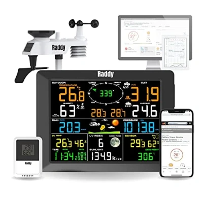 Afbeelding van Raddy WF 100C Professioneel Weerstation, draadloos, met groot display, voor binnen en buiten, vochtsensoren thuis, regenmeter, windsnelheidsmeter