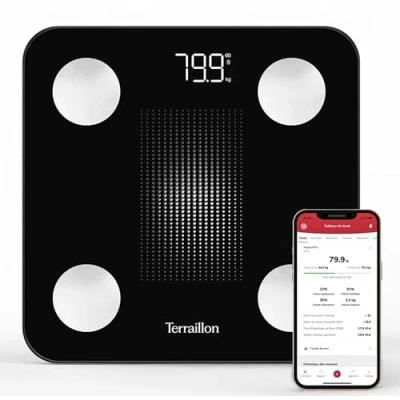 Afbeelding van TERRAILLON WEIGHT CONNECT Bluetooth Smart Weegschaal, analyse van vet , spier water en botmassa&#039;s, BMI, capaciteit 180 kg, schaal 50 g, led display, glasplaat, zwart
