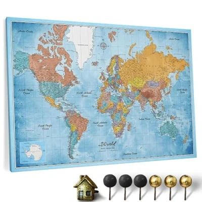 Afbeelding van CANVASCALE wereldkaart op canvas met kurkbord, Engelse letters, wanddecoratie voor alle kamers, afbeeldingen motief (70 x 50 cm, 10)