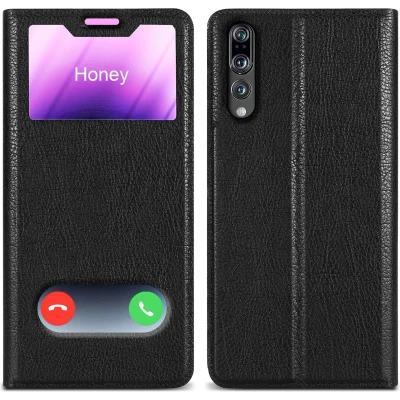 Afbeelding van Cadorabo Hoesje geschikt voor Huawei P20 PRO / PLUS in KOMEET ZWART Beschermhoes met magnetische sluiting, standfunctie en 2 kijkvensters Book Case Cover Etui