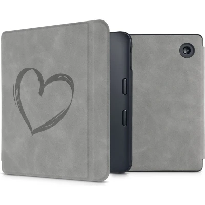 Afbeelding van kwmobile e reader hoesje geschikt voor Kobo Libra 2 hoes Ereader flip case met standaard Kunstleren cover Brushed Hart design in grijs