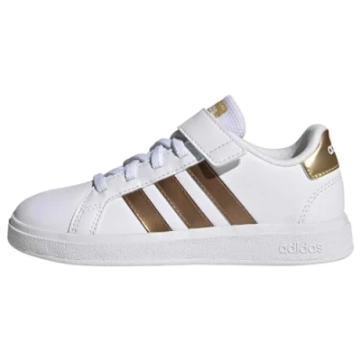 Afbeelding van adidas Grand Court Sustainable Lifestyle kort, elastische kant en top strap, sneakers voor jongens, FTWWHT/FTWWHT/MAGOLD