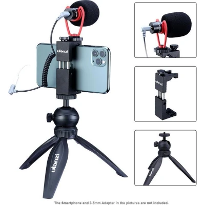Afbeelding van Ulanzi Smartphone Vlog KIT Mini Statief Telefoonhouder &amp; Microfoon 16cm hoog 1/4inch schroefaansluiting Cold shoe mount Zwart/Rood
