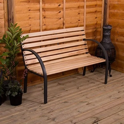 Afbeelding van Tuin Vida Slatted Bench Houten Seater Outdoor Meubelzitje latten Staal Benen Park Patio Seat