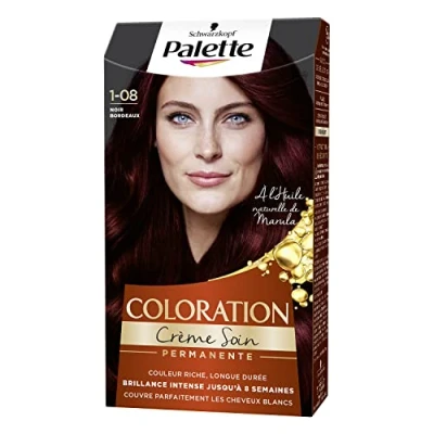 Afbeelding van Schwarzkopf Palette Permanente haarkleuring, verzorgingscrème, 100% grijsdekking, houdt 8 weken, zwart bordeaux 1.08
