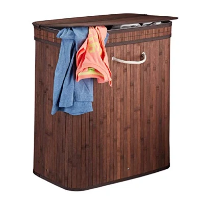 Afbeelding van relaxdays bamboe wasmand met deksel 2 vakken 70 L bruin