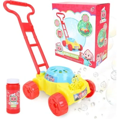 Afbeelding van Toyland® Cocomelon Bubble Grasmaaier, grasmaaier om te duwen met bellenblaasmachine, werkt op batterijen, buitenspeelgoed en tuinspelletjes, bubbelspeelgoed