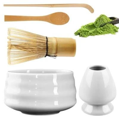 Afbeelding van matcha theeset met garde, bezemhouder, keramische kom, 2 theelepels, Japanse accessoires voor de ceremonie, perfecte set het bereiden van matcha,