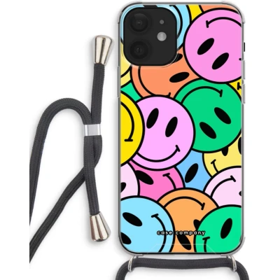 Afbeelding van Case Company® hoesje met Koord geschikt voor iPhone 12 mini Smiley N1 Telefoonhoesje Zwart Extra Bescherming aan alle Kanten en Over de Schermrand