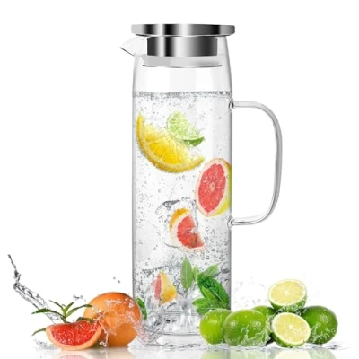 Afbeelding van glazen karaf met deksel, 1,5 liter, waterkaraf van borosilicaatglas, hittebestendig, voor koud of warm water, doe het zelfdranken, sap, thee, melk,