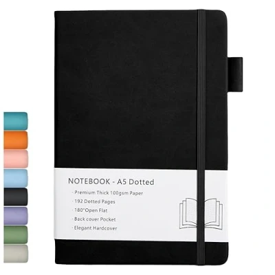 Afbeelding van Dotted notitieboek, A5, harde kaft, gestippeld, 100 g/m², 192 pagina&#039;s, binnenvak, elastisch, omslag van kunstleer, 14,5 x 21,5 cm, zwart