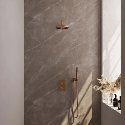 Afbeelding van Brauer Copper Edition Regendoucheset inbouw hoofddouche 20cm Gladde knop handdouche staaf 1 stand PVD geborsteld koper Minimalistisch