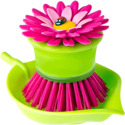 Afbeelding van ROZE FLOWER POWER AFWASBORSTEL MET HOUDER VIGAR 6482
