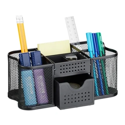 Afbeelding van Relaxdays pennenbak metaal pennenhouder met lade bureau organizer 7 vakken modern zwart