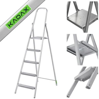 Afbeelding van KADAX Eenzijdige stalen ladder met antislipvoeten, plank, trapladder, vouwladder, huishoudladder brede treden (5 treden)