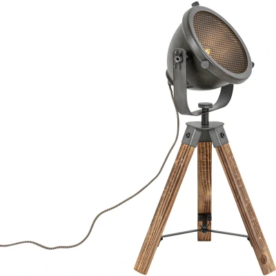 Afbeelding van QAZQA Industriële tafellamp tripod staal met hout kantelbaar Emado